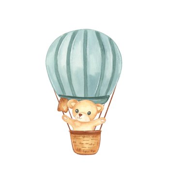 Sıcak hava balonu sepetinde bir ayıyla gökyüzünde yükselir. Ayı manzaranın tadını çıkarırken neşeli görünüyor. Bu sahne havada neşeli bir anı yakalıyor..