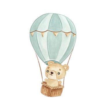 Sıcak hava balonu sepetinde bir ayıyla gökyüzünde yükselir. Ayı manzaranın tadını çıkarırken neşeli görünüyor. Bu sahne havada neşeli bir anı yakalıyor..