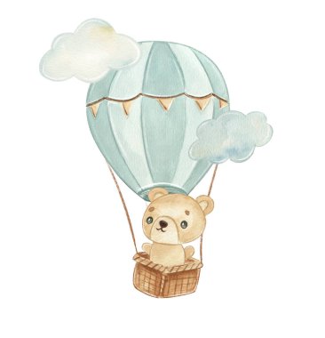 Sıcak hava balonu sepetinde bir ayıyla gökyüzünde yükselir. Ayı manzaranın tadını çıkarırken neşeli görünüyor. Bu sahne havada neşeli bir anı yakalıyor..