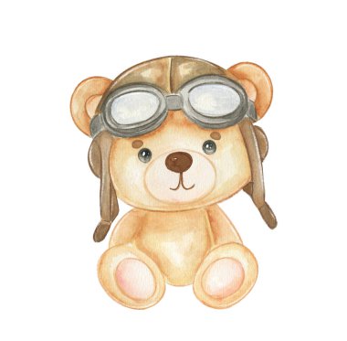 Bir oyuncak ayı pilot şapkası ve gözlükleriyle oturur. Ayının cana yakın bir yüzü var ve yumuşak renklerle boyanmış. Bu sahne maceraya hazır oyuncu bir karakteri gösteriyor..