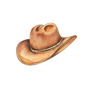 Bir el çizimi suluboya kovboy şapkası bir yüzeyde dümdüz durur. Geniş kaplama ve yüksek kaplama klasik bir tasarım. Renkler yavaşça karışır, şapkaya sıcak, davetkar bir bakış verir..