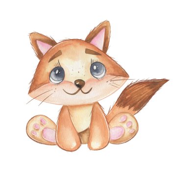 Çizgi film kedisi sade bir arka planda oturur. Kedinin büyük gözleri ve kabarık bir kuyruğu var. Mutlu görünüyor. Tasarım suluboya ile yapıldı. Yumuşak renkler ve basit çizgiler var..