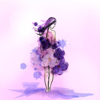 Eflatun çiçekler üzerinden elbiseli kız silüeti. Soyut vektör çizim.