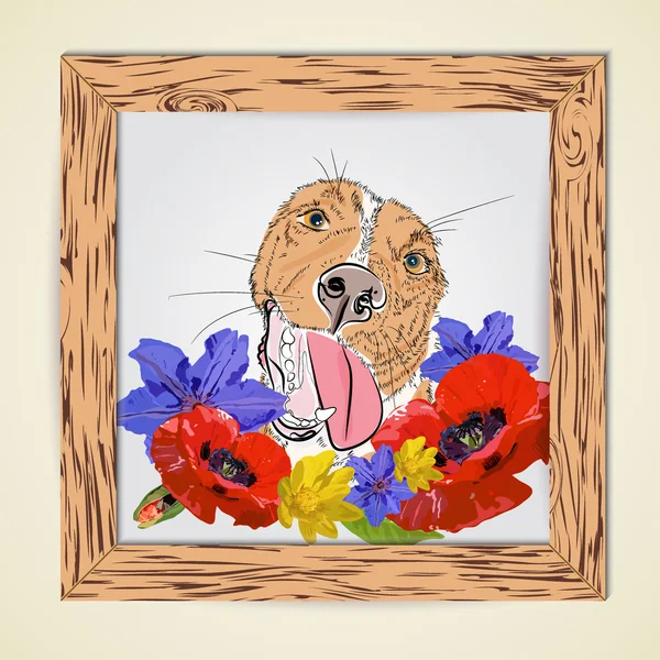 Dibujo de mano perro rojo sonrisa con flores — Vector de stock