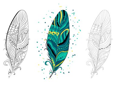 Vintage kabile etnik topluluğu çekilmiş renkli tüyler el, illüstrasyon vektör