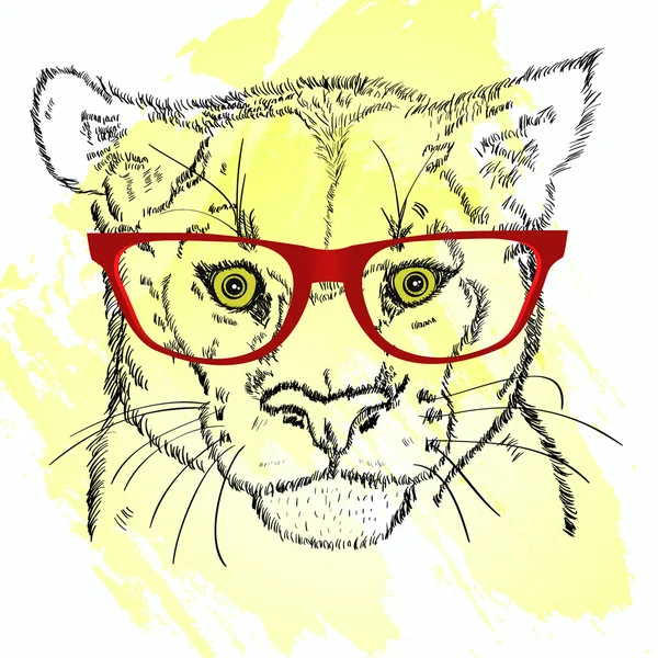 Puma cabeza vector boceto con gafas — Archivo Imágenes Vectoriales