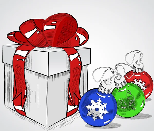 Vintage hediye kutusu elle çizilmiş - yay ve Noel topları, vektör yarım yamalak illüstrasyon izole, ile