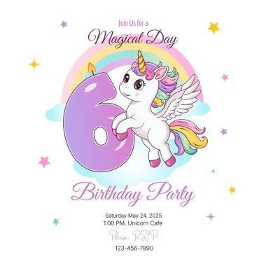 Doğum günü partisi davetiyesi. Şablon. 6 numaralı şirin tek boynuzlu at. Vektör illüstrasyonu