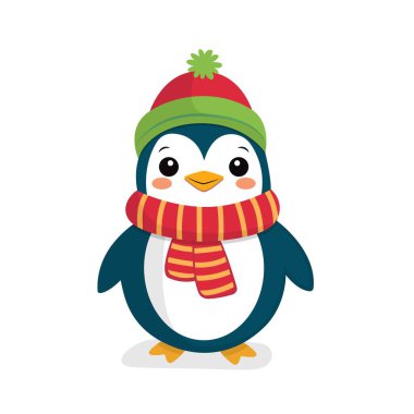 Beyaz arka planda izole edilmiş atkı takmış sevimli bir penguen. Noel vektör illüstrasyonu. Web tasarımı, sosyal medya ve reklamlarda kullanılabilir..