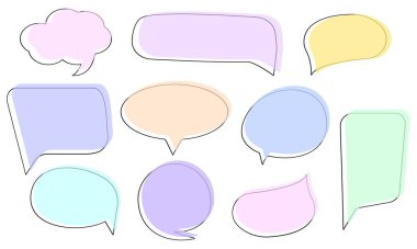 Konuşma baloncukları. Beyaz arka planda izole edilmiş konuşan konuşma topları topluluğu. Vektör illüstrasyonu