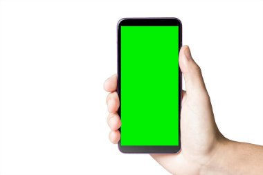 Yeşil ekranlı akıllı telefonu tut. Krom anahtarlı cep telefonu. Akıllı telefon konsepti. uygulama kavramı.