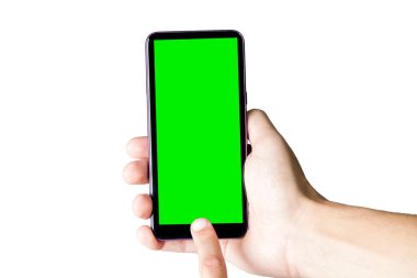 Yeşil ekranlı akıllı telefonu tut. Krom anahtarlı cep telefonu. Akıllı telefon konsepti. uygulama kavramı.