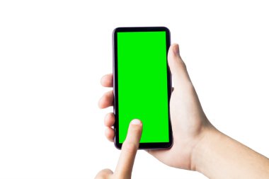 Yeşil ekranlı akıllı telefonu tut. Krom anahtarlı cep telefonu. Akıllı telefon konsepti. uygulama kavramı.