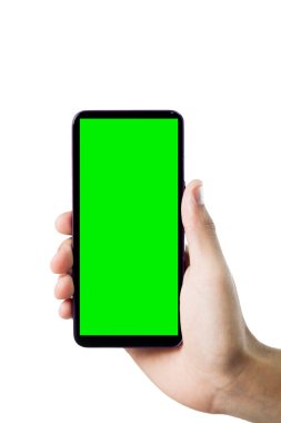 Yeşil ekranlı akıllı telefonu tut. Krom anahtarlı cep telefonu. Akıllı telefon konsepti. uygulama kavramı.