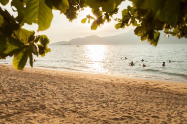 Öğleden sonra sahilde. Altın gökyüzü ve tropikal hava. Ilhabela konsepti.