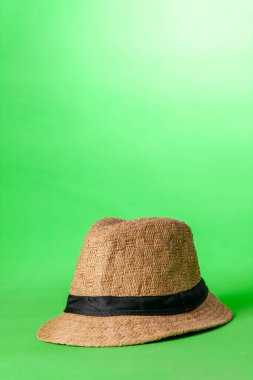 Yeşil arka planda hasır şapka. Hasır şapka konsepti. Klasik konsept. Metin için boşluk.