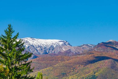 Sonbahar ormanlarının üzerinde yeşil, sarı ve kırmızı renklerle yükselen karla kaplı manzaralı bir dağ manzarası. Açık mavi gökyüzü ve güneş ışığı manzaranın huzurlu güzelliğini vurgular..