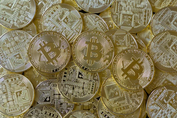 Heap Many Golden Bitcoins Cryptocurrency Concept Stock Photo