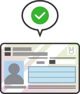 Onaylanmış statü veya başarılı kimlik doğrulamasını belirten yeşil işaretli bir vektör ikonu olarak 2016 tasarım Bireysel Sayı Kartı 'nın (Japon Hükümeti Kimlik Kartı) önü.