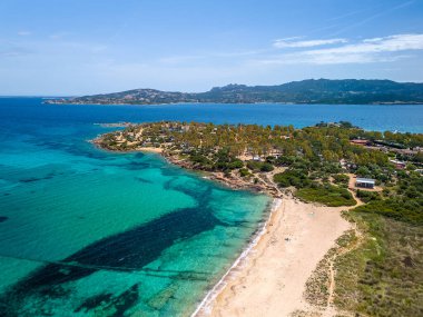 Turkuaz su, kumlu plaj ve yemyeşil bir park, sardunya, İtalya 'nın güneşli kıyı koyunun hava görüntüsü.