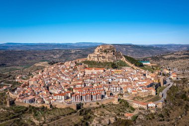 Castle On Hill Overlooking Historic Town With Walled Streets, Red Roofs, and Panoramic Landscape, Morella, Castellon, Spain