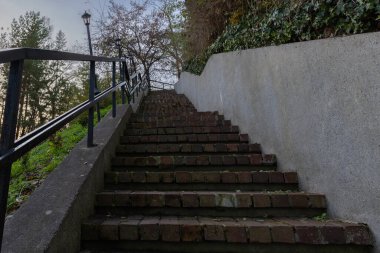 Üzerinde siyah metal korkuluklar ve yeşil ve ağaçlarla çevrili sarmaşık kaplı duvarlar olan eski bir tuğla merdiven manzarası..