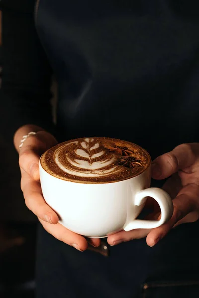 Pittige Cappuccino Met Steranijs Kaneel Handen Van Barista — Stockfoto