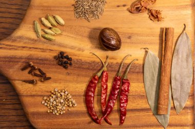 This image showcases a beautifully arranged selection of spices and herbs on a wooden cutting board, evoking a sense of warmth and invitation. The vibrant colors and varied textures of the ingredients create a visually appealing composition.