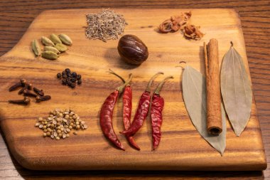 Bu resimde, ahşap bir kesim tahtasındaki baharat ve bitkilerden oluşan güzel bir çeşitlilik sergileniyor, aşçılar ve aşçılar için mükemmel. Canlı renkler ve aromatik tatlar aşçılık yaratıcılığı ve keşfi çağrıştırıyor..