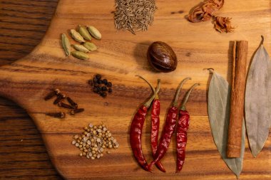 This image showcases a beautifully arranged selection of spices and herbs on a wooden cutting board. The assortment includes chili peppers, cinnamon sticks, cardamom pods, cloves, nutmeg, and other aromatic ingredients.