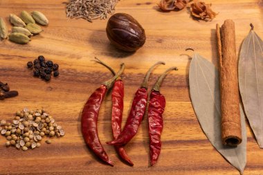 Bu resim, ahşap bir yüzeye dikkatlice yerleştirilmiş çeşitli baharat ve bitkiler sergiliyor. Şili biberleri, tarçın çubukları, kakule tohumları ve çeşitli tohumları kapsayan çeşitlilikte canlı renkler ve dokular.