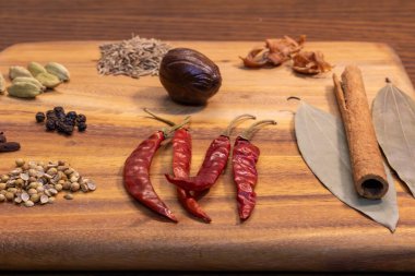 A beautifully arranged selection of spices and ingredients on a wooden cutting board, perfect for cooking and preparing a delicious meal. The vibrant colors and varied textures of the spices, including chili peppers, cinnamon sticks, and bay leaves.