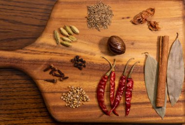 This image showcases a beautifully arranged selection of spices and herbs on a wooden cutting board, set against a warm and inviting background. The cutting board, made of natural wood, features a handle and a smooth surface.