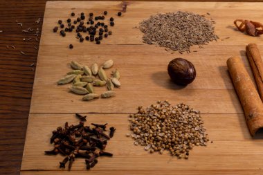 Bu resim, ahşap bir kesme tahtasındaki baharat ve bitkilerden oluşan güzel bir seçim sergiliyor, malzemelerin canlı renklerini ve dokularını vurguluyor. Tahtada tarçın çubukları ve karanfiller de dahil olmak üzere çeşitli popüler baharatlar yer alıyor..