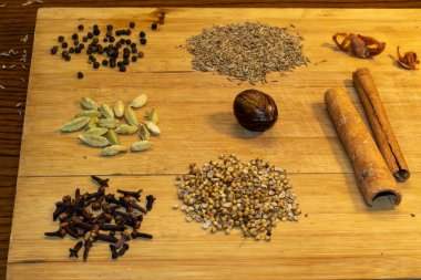 Bu resim, ahşap bir kesme tahtasında ustalıkla sıralanmış çeşitli baharat ve bitkiler sergiliyor. Karabiber, kişniş tohumu, tarçın çubuğu, hindistan cevizi, karanfil, kakule, kimyon tohumu ve yıldız anasonunu da içeriyor..