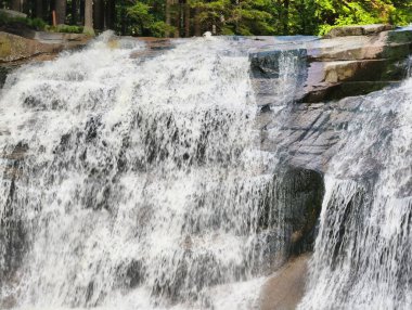A stunning waterfall flowing over rocks, surrounded by vibrant greenery, showcasing nature's beauty.