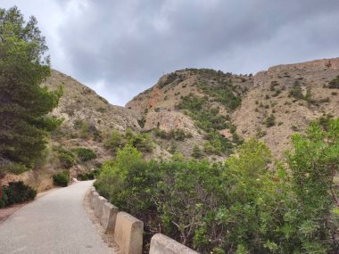 A tranquil and beautiful pathway winds its way through lush greenery and rocky mountains beneath moody skies