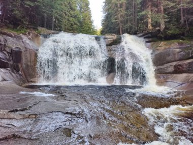 Şaşırtıcı derecede güzel bir şelale huzurlu, sakin bir orman ortamında engebeli kayaların üzerinde zarifçe çağlıyor.