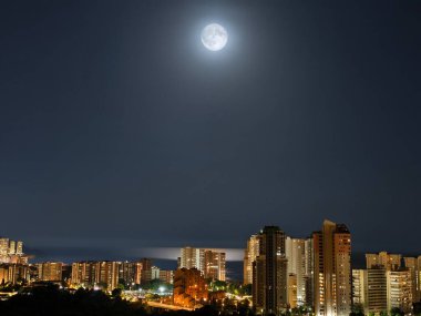 Parlak bir dolunay altında zarif bir şekilde aydınlatılan ve sakin bir atmosfer yaratan çarpıcı bir gece manzarası.
