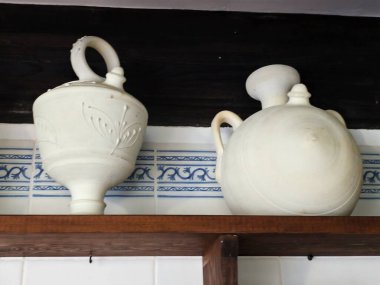 Zarif porselen sürahisi mavi fayans üzerinde karmaşık saplı rafine minimalist ekran