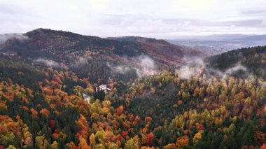 Dağılmış sis yamaçtaki kırsal kesimi kaplıyor. Canlı yeşillikler ve sisli köy manzaralarını gösteren yüksek perspektif.