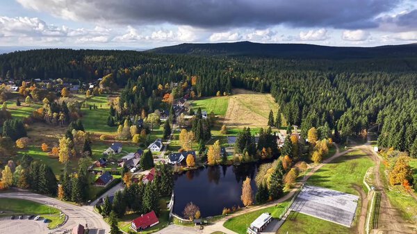 красочная деревня возле мерцающего озера, живописная сельская местность с золотыми деревьями и извилистыми деревьями