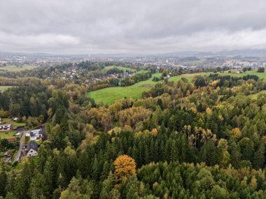 Yapraklı Varoş Kasabasının Üzerindeki Sonbahar Havası, Gri Bulutlar ve Yumuşak Işık, Rengarenk Evler Mozaiği