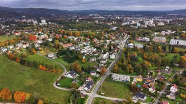 Güz Ağaçları, Eğri Yollar ve Yumuşak Altında Uzak Ufuk Çizgisi ile Çerçevelenmiş Hava Mahallesi Yakınındaki Şehir