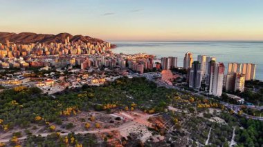 Hava parkı ve kentsel ufuk çizgisi şafak vakti yumuşak bir ışık Sahile doğru giden yeşil önplan