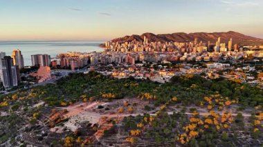 Sahil şeridi gelişimi sabah ışığı altında açık araziler, inşaat ayak izleri, yeşil çalı