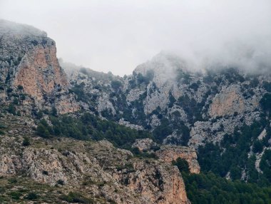 Bulutlu tepe, engebeli kireçtaşı sıraları boyunca uzanıyor. Sis, orman vadileri ve dik sularda sürükleniyor.