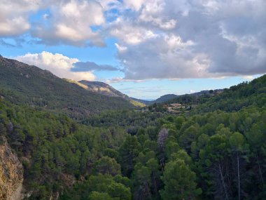 Dramatik bulutların altında yemyeşil çam vadisi, yuvarlanan yamaçlar ve uzak deniz ufkuna doğru açılan derin vadi, yumuşak