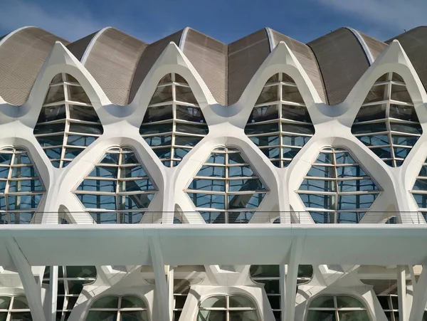 Kubbeli pencereli modüler beyaz cephe, güçlü tekrarlama ritmik desen yaratır, gün ortası ışığı