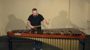 Perküsyon cubugu Marimba'daki Beyaz Oyun'da izole etti. Man Holding a Stick ve Bir Müzik Aleti Çalmak. İzole Müzik Aleti Marimba.